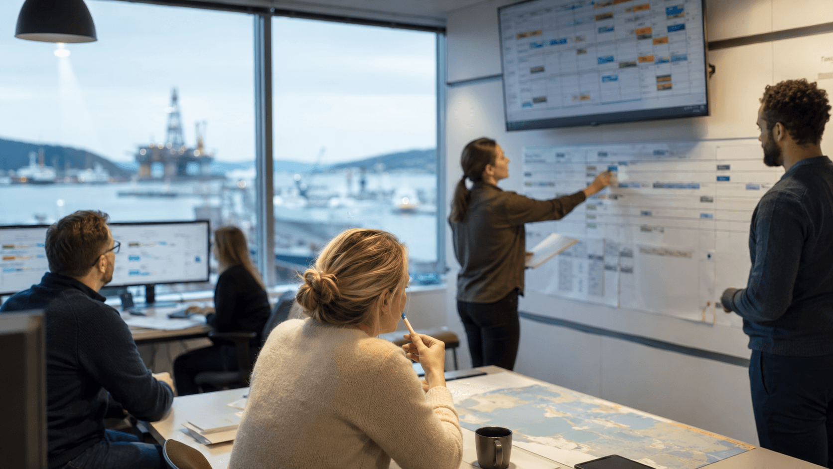 Et team i et moderne kontor samlet rundt en fargekodet planleggingstavle, laptoper på bordet, med en offshore-oljerigg og havn synlig gjennom vinduene