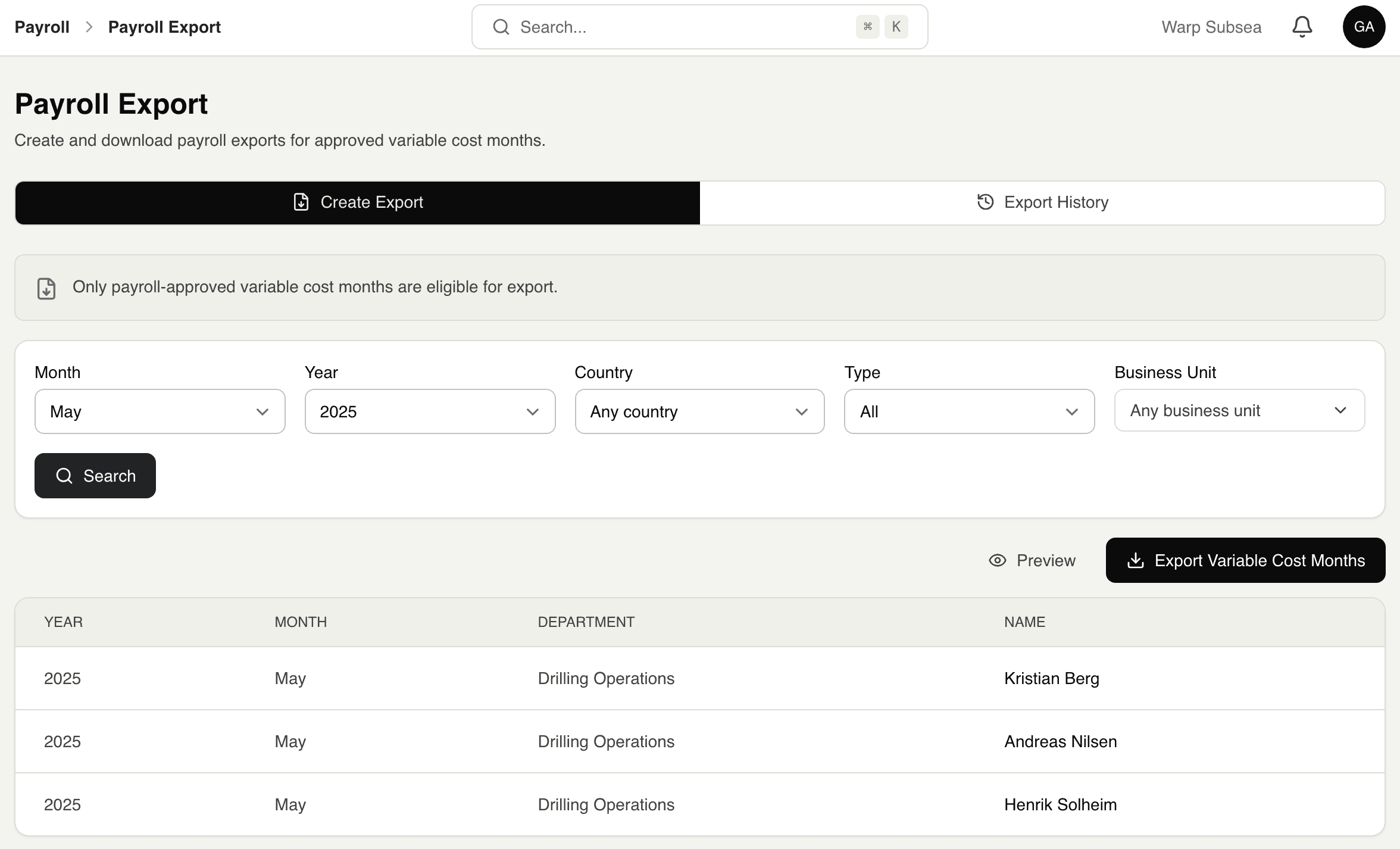 The Timekeeper payroll export with period controls, approved personnel rows and an export action.